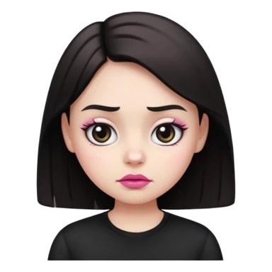  Girl emoji with round face, white skin, sharp eyebrows, frowning face, black shirt, pink lips, and big eyes  sticker