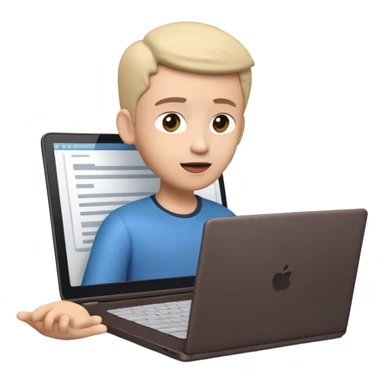A dark-colored laptop with the screen open. From the screen, a person is emerging, giving a lecture or teaching. The person should look expressive and in a teaching pose. Soft shadows, semi-3D emoji style, clean background. video course sticker
