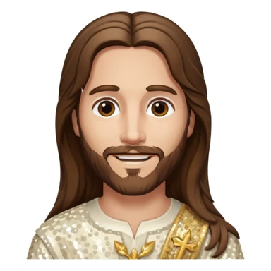 Jesus Christ with long brown hair, ivory sequin outfit sticker
