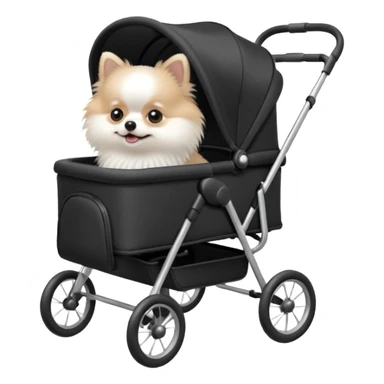 A white Pomeranian dog sits in a black baby stroller. A wheelchair with a folded roof. The image quality is ultra realistic. sticker