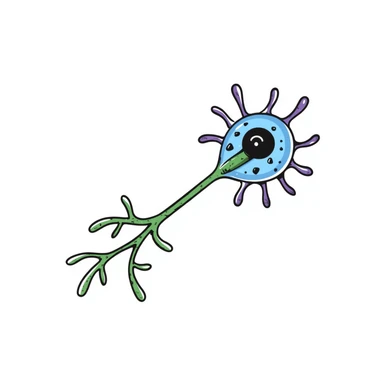 Anatomical neuron illustration with neuroprotective elements: blue cell body (soma), purple dendrites branching out, long green axon with myelin sheath, and protective shield-like aura surrounding the entire neuron. Hand-drawn detailed scientific diagram with glowing protective barrier. sticker