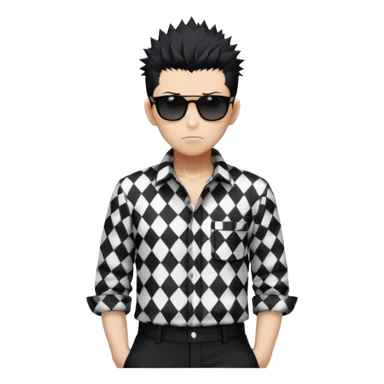 Satoru Gojo from Jujutsu Kaisen with spiky black hair, wearing black and white checkered shirt with rolled-up sleeves, black pants, confident expression, sunglasses on top of head, one hand in pocket sticker