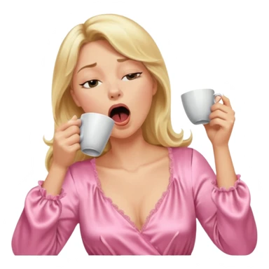 A blonde woman in a pink nightgown yawns, looking sleepy with dark circles under her eyes, drinking coffee, looking like she just woke up. sticker