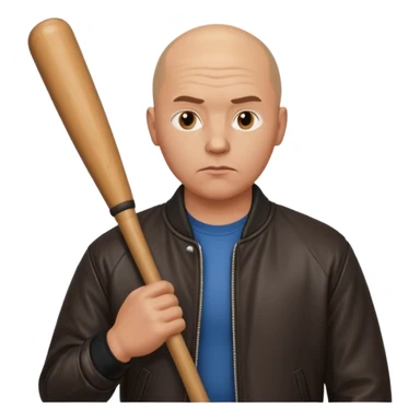Bald Russian 1990s gangster emoji, leather jacket, , serious face with a bat sticker