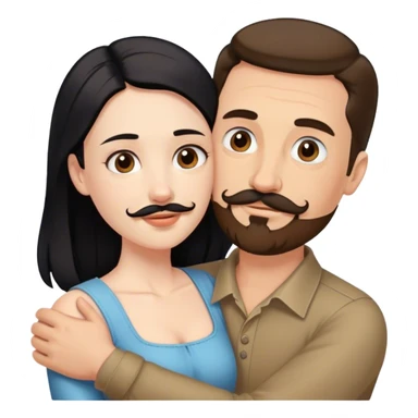 Tall white man with brown mustache goatee AND a short pale woman with long black hair, hugging sticker