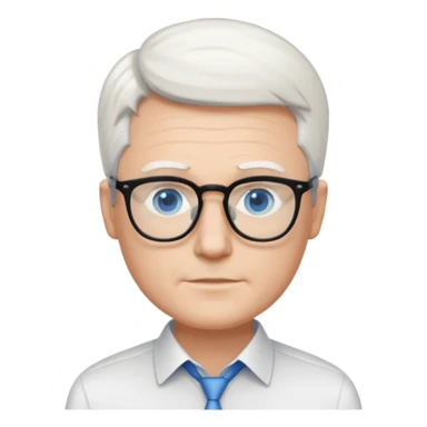Thin white man, short white hair, black thin glasses, white shirt, blue eyes, ceo sticker
