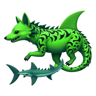 Edgy cool badass Neon-green landhai-sergal-hyena, with a shark tail, with black and dark-green swirly patterns markings sticker