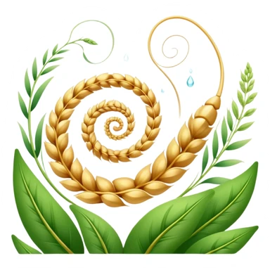 Golden wheat ear floating next to green leaves, surrounding an ethereal digestive system in a spiral form. Small cleansing sparkles flow like a river of light, clearing paths and creating internal lightness. The scene shows fiber's cleansing effect on the digestive tract. sticker