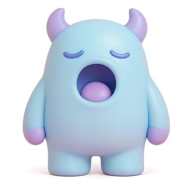 sleepy monster with half-closed eyes yawning, soft blue and lavender colors, toy-like vinyl figure style sticker