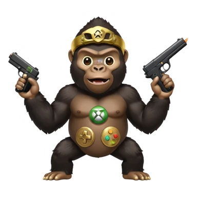 A gorilla holding a gun in the air with a Xbox controller  sticker