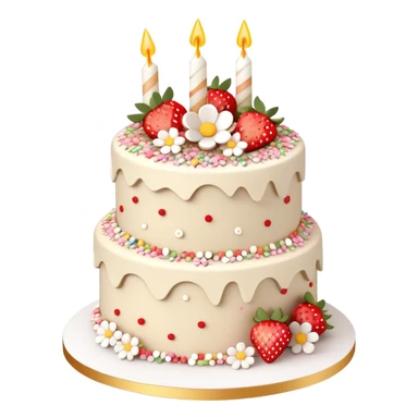 Layered aesthetic beige and white birthday cake with buttercream frosting flowers and sprinkles and strawberries, 3D sticker