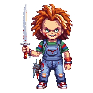 Chucky with wild hair, evil grin, holding a bloody knife sticker