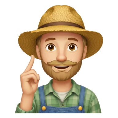 “A single emoji-style character combining 👨‍🌾😄 and 🤔: a smiling farmer man with a straw hat, friendly face, and light beard, holding one hand under his chin in a thinking gesture. His index finger rests under his face, eyes looking slightly upward as if thinking.  sticker