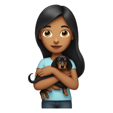 a girl with long dark hair and a dachshund in her hands sticker