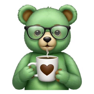 Green teddy bear wearing glasses and drinking coffee sticker