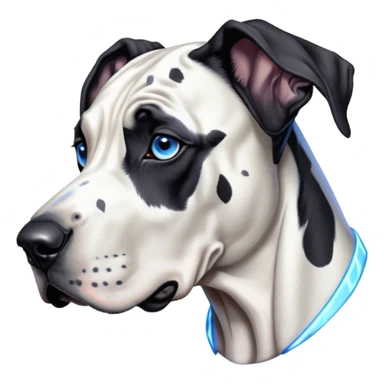 Cinematic Noble Harlequin Great Dane Portrait Emoji, Poised and regal, with a towering, muscular build and a striking coat of predominantly white with bold black patches, deep-set soulful blue eyes, Simplified yet sharp and sophisticated features, highly detailed, glowing with a soft, dignified glow, high shine, intelligent and loyal, stylized with an air of majesty, focused and attentive, soft glowing outline, capturing the essence of a watchful and confident guardian, so majestic it feels as though it could stride out of the screen with effortless authority! sticker