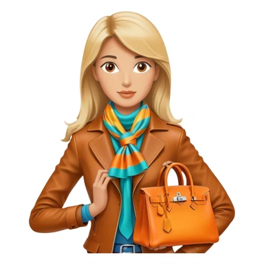 Elegant and tan equestrian woman wearing a leather Hermes jacket and a multicolored silk scarf around her neck. She has an orange Hermes Birkin Bag. I want the image to be close up, starting from the waist up.  sticker