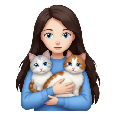 a girl with long dark 
brown hair, with blue eyes, in a
white sweater, hugs 3 different natural coloured cats sticker