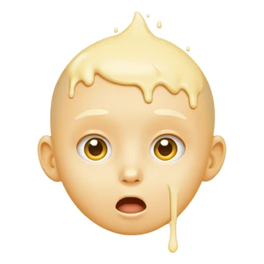 surprised face, classic emoji, 😮, yellow circular, genderless, hairless, white cream dripping from cheeks, white cream in mouth sticker