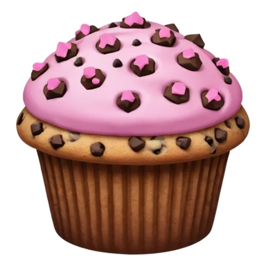A pink muffin with chocolate chips and chocolate chip cookie topping sticker