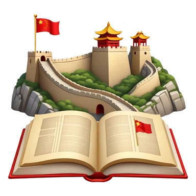 An icon featuring the Great Wall of China and the flag of China, symbolizing the Chinese language. The design includes an open book with Chinese characters and a red lantern, representing language learning and rich cultural tradition. Transparent background highlights the depth of Chinese heritage. sticker