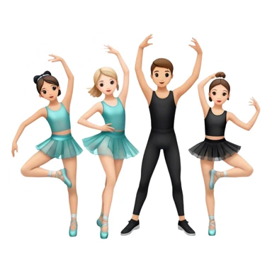 "Icon for Contemporary Dance: a synchronized boys and girls group performance on stage with backup dancers, bright stage lighting, and stylish dance outfits. The icon should capture the energy, precision, and excitement of a modern group dance performance. Transparent background. sticker