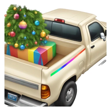 Manila cream color pickup truck with rainbow stripe, Christmas tree in the truck bed sticker