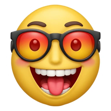 3D emoji character with bright yellow face, wide open smile showing white teeth and red tongue, raised brown eyebrows, and black sunglasses, rendered in a playful and glossy style on transparent background sticker