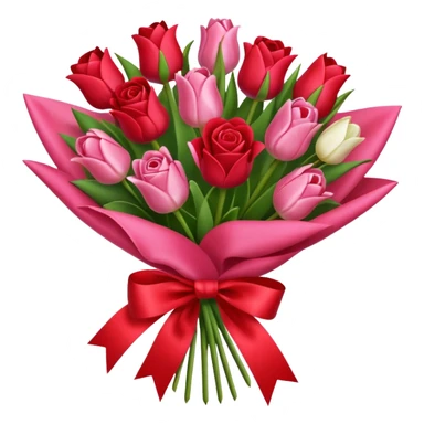 Create an bouquet with red and pink roses and tulips inside a white flower bouquet with red ribbon around it sticker
