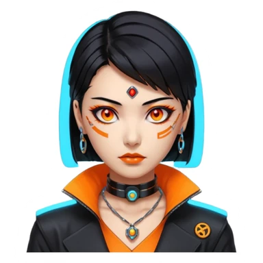 Cyberpunk Japanese woman, mid-50s looking young, sharp features, sleek black hair, glowing orange eyes, expensive tech jewelry, vengeful expression, neon highlights, dark background. sticker