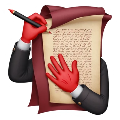 Minimalist emoji-style sticker of a pale hand signing a parchment contract titled “YOUR SOUL” in gothic font, muted red ink, grayscale background sticker