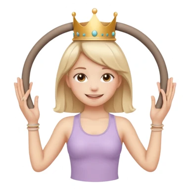 Cute emoji sticker of a girl holding a Pilates ring (magic circle) with both hands, squeezing it. She is smiling, wearing a tiny crown and beige activewear. Pastel accents, kawaii style, clean white outline, transparent background. sticker