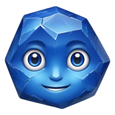 A single sapphire-blue faceted rock head, chunky and worn, with a few visible cracks and chipped facets but still shiny, big kind eyes and a confident smile, 3 sticker
