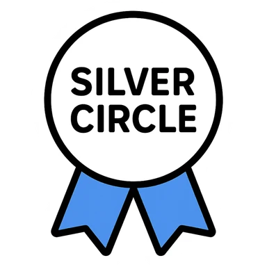 silver circle with blue ribbon and words 'Silver Circle' subtly integrated, symbolizing supportive community for professionals 45+, modern positive vibe sticker