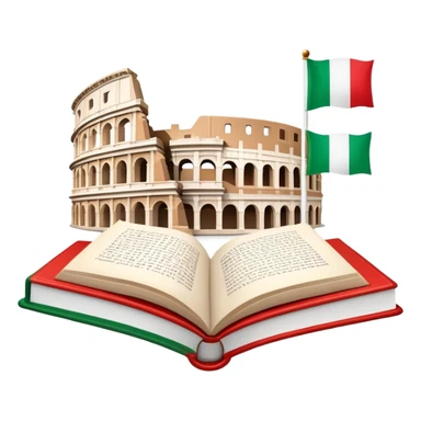 An icon featuring the Colosseum and the flag of Italy, symbolizing the Italian language. The design includes an open book with Italian phrases and a gondola, representing language learning and cultural exploration. Transparent background sticker