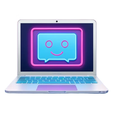 laptop computer with video chat displayed on screen, pink and light blue colors, with neon glow lines, blue neon light on top left, purple neon light on bottom right sticker