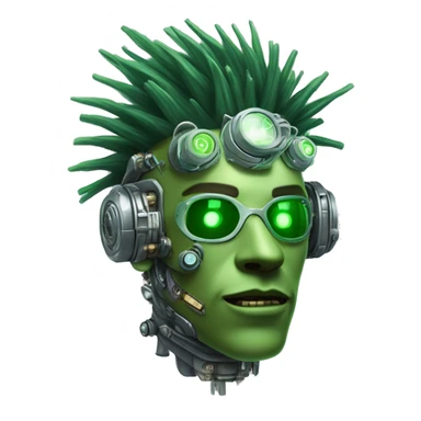 Green male cyborg head with green Mohawk, grey steampunk goggles and circuitry sticker