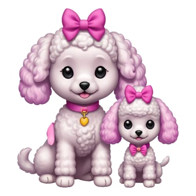 Two white toy poodle–style dogs, fluffy curly fur, round faces, black button eyes. Bright purple ears, hot-pink paws. One taller dog standing upright on hind legs wearing a large pastel pink bow on chest, one smaller round dog sitting. Cute plush emoji style. sticker