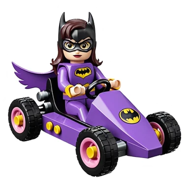 Hot full size real size-appearance electric racing action Lego BatGirl’s feminine midnight-colored tight outfit sixty’s tv show 1992 dark stealthy sporty safe plush petite off-road pursuit cruiser car rose gold accents (black hair,reclined and relaxed torso and shoulders seating position) go kart  sticker