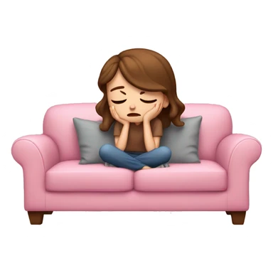 sad white girl with brown hair crying on the cozy pink couch  sticker