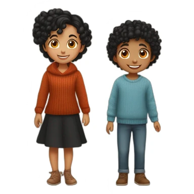 smiling 3 years old indian girl with black curly hair in pigtails wearing a orange dress and smiling 3 years old indian boy with black hair wearing a dark red sweater sticker