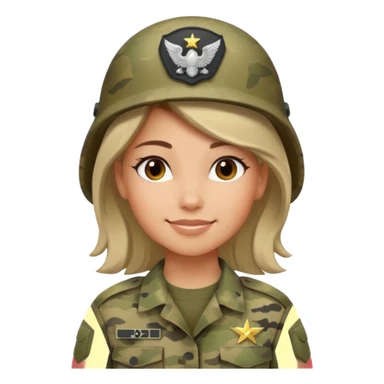 Female soldier emoji in Apple style, no cap/helmet, bust portrait, gentle smile, generic camo, hair visible, soft gradients, transparent PNG sticker