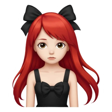 red long twin tail hair girl with black bow on her hair wearing black dress with a sad face sticker