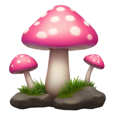 Pink little smiley mushroom with long stem growing between two round rocks sticker