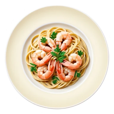 create a Whole Shrimp Linguini stylized thicker  with white plate Camera angle: slightly elevated top-down view with a gentle bird’s-eye perspective (about 15–20°), identical perspective and scaled do not add anything on plate


 sticker