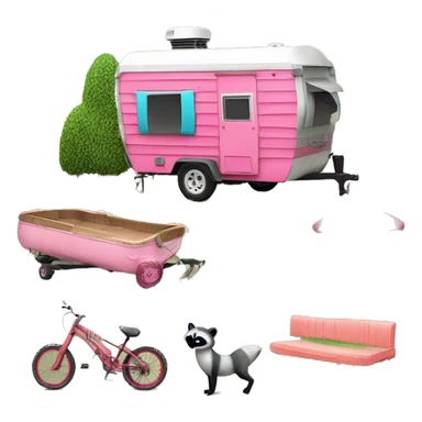 **Create a playful "Trailer Trash" emoji featuring a cartoon mobile home, a lawn flamingo, and a cheeky raccoon. It should have a vibrant color palette and a humorous expression, embodying carefree, rustic living.** sticker