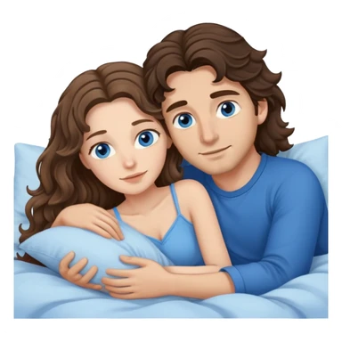 Man with dark brown wavy hair with brown eyes and one woman with long dark blond wavy hair with blue eyes in bed cuddling  sticker