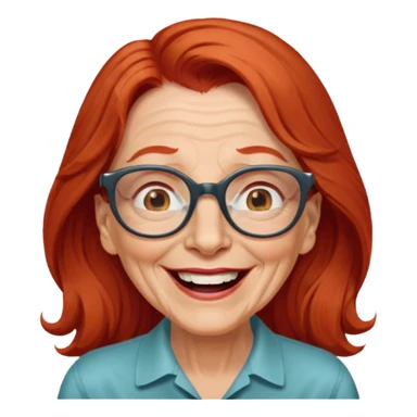 obese; older 50's ; long red hair ; women hazel eyes; glasses ; laughing sticker