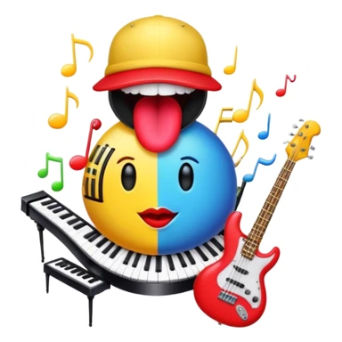 Create a vibrant and creative emoji that represents beatboxing. The design should feature a microphone with a cap placed on top, with oversized lips peeking out from under the cap. From the lips, bass clefs should be flying out, along with a variety of musical instruments (like a drum, electric guitar, and piano keys) to symbolize the blend of rhythm and creativity in beatboxing. Use bold, energetic colors like neon red, yellow, and blue to capture the lively and street-savvy essence of beatboxing. The background should be transparent. sticker