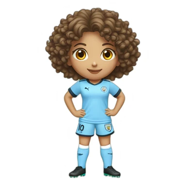 girl with short curly brown hair and eyes wearing Manchester City football shirt, fluro orange soccer boots, standing with a soccer ball sticker